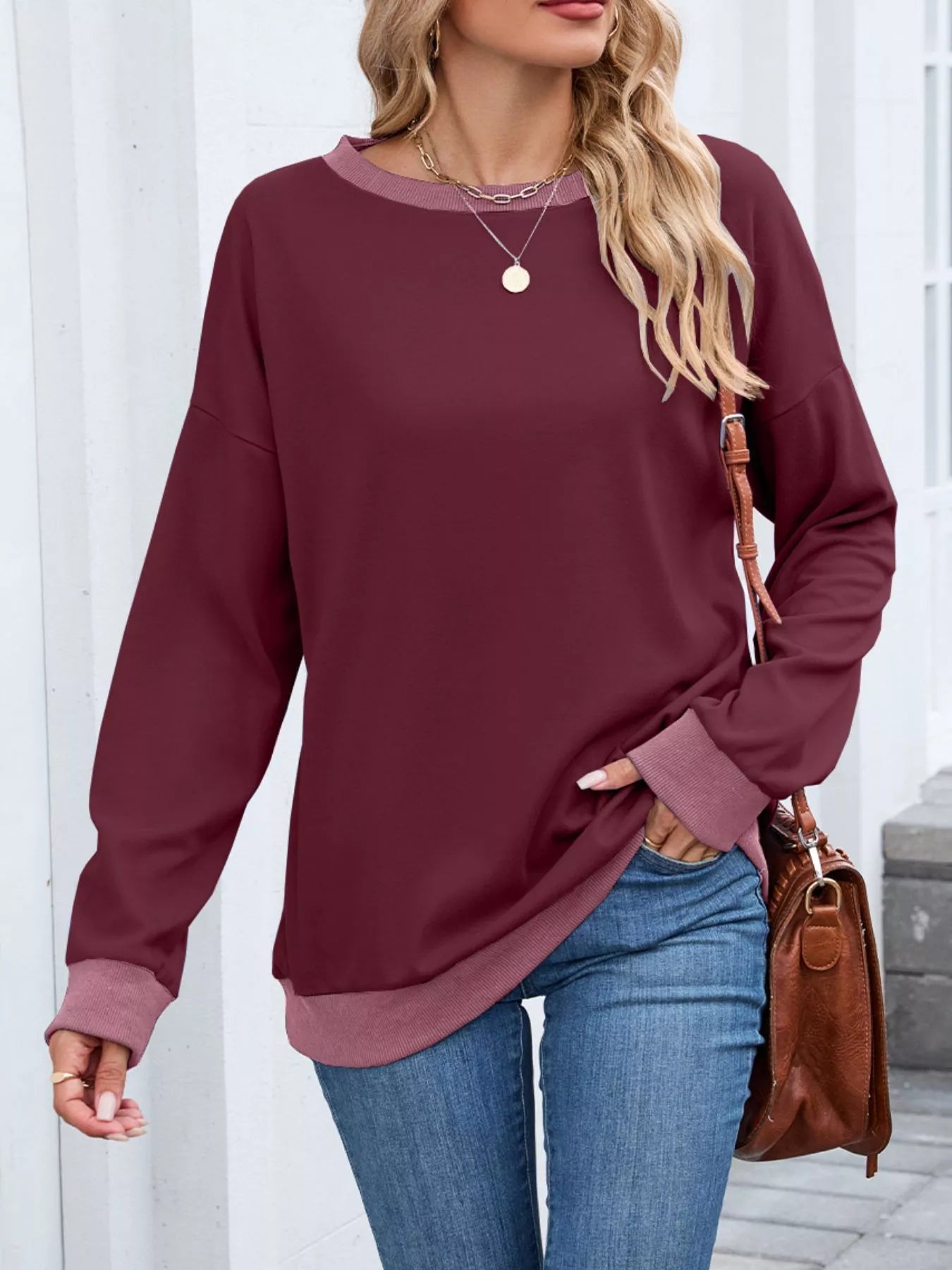 Contrast Trim Long Sleeve Sweatshirt  Shop One Place