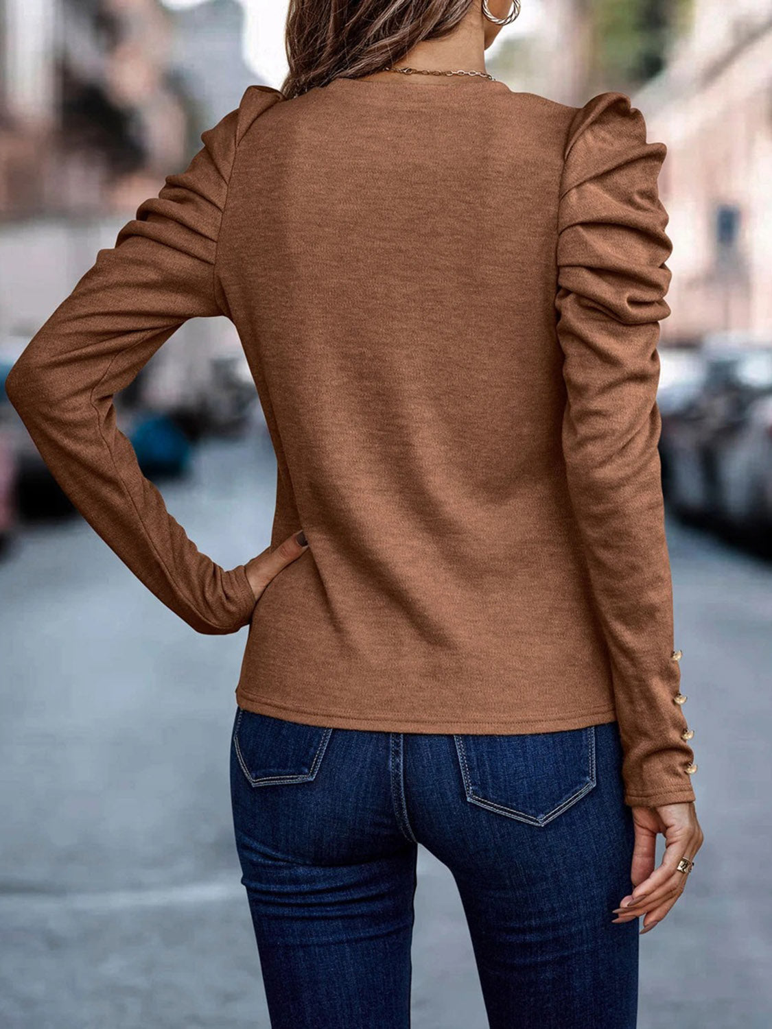 Decorative Button Puff Sleeve T-Shirt  Shop One Place