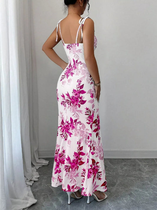 Printed Tie Strap Slit Maxi Dress  Shop One Place
