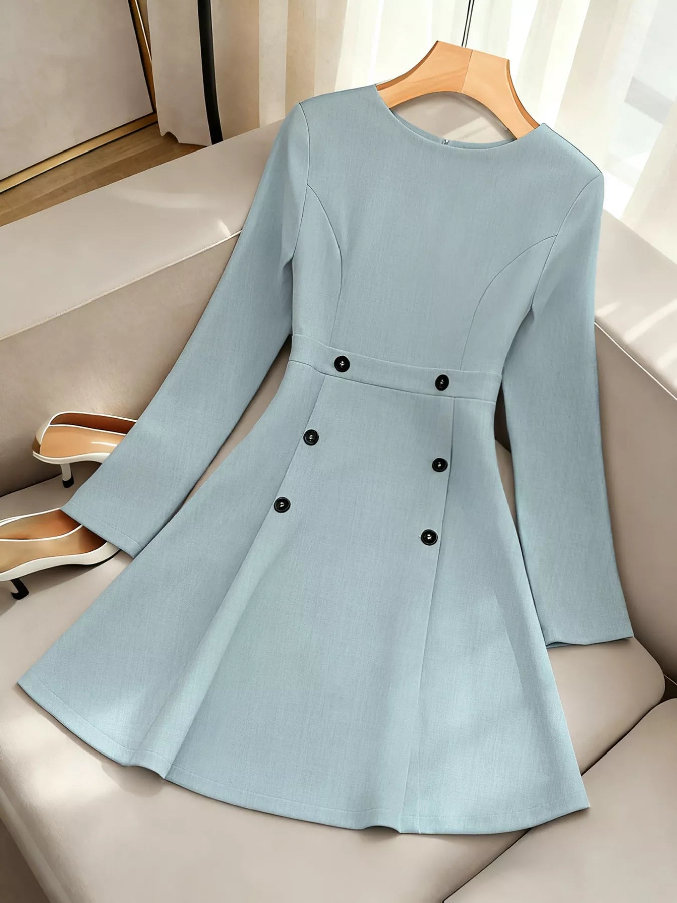 A-Line Decor Button Long Sleeve Dress  Shop One Place