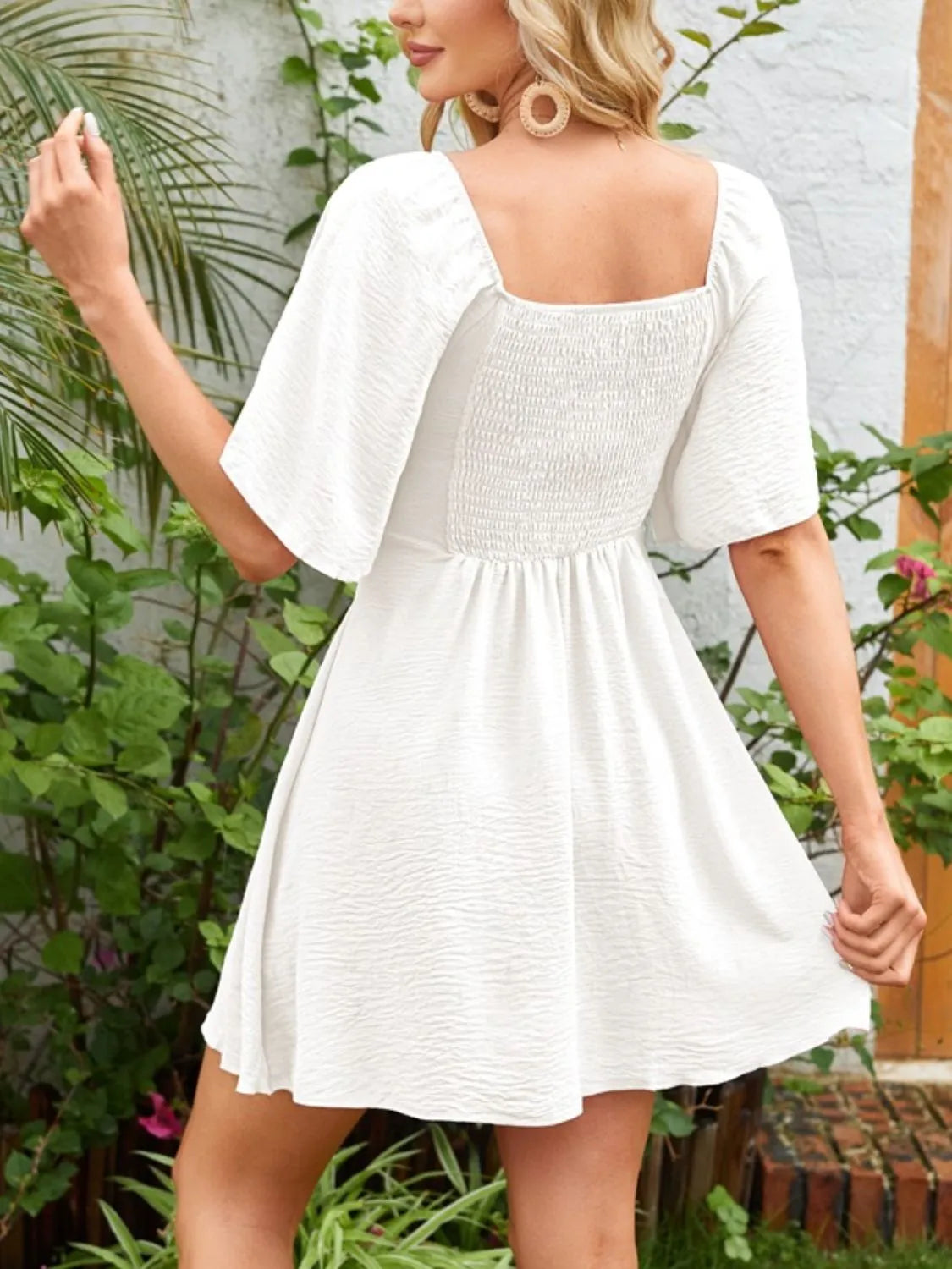 Smocked Back Knotted Flutter Sleeve Dress  Shop One Place