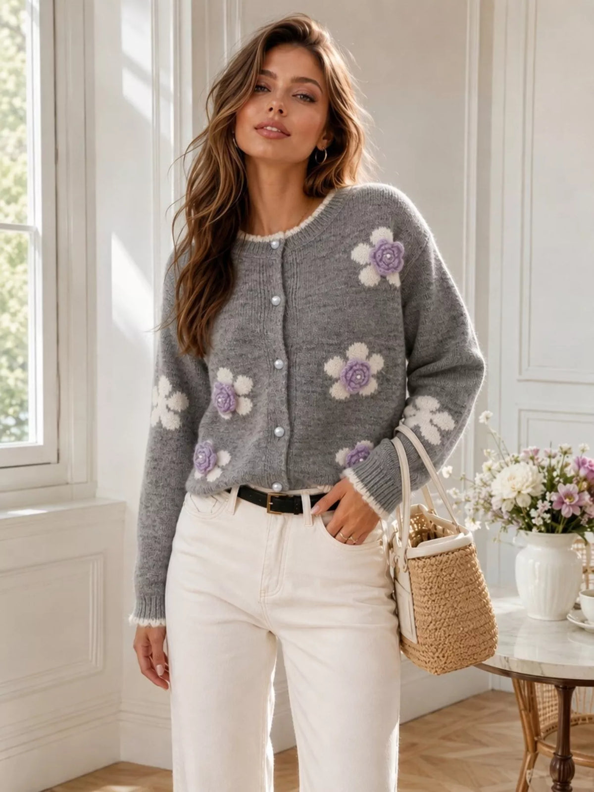 Floral Applique Button-Down Knit Cardigan  Shop One Place