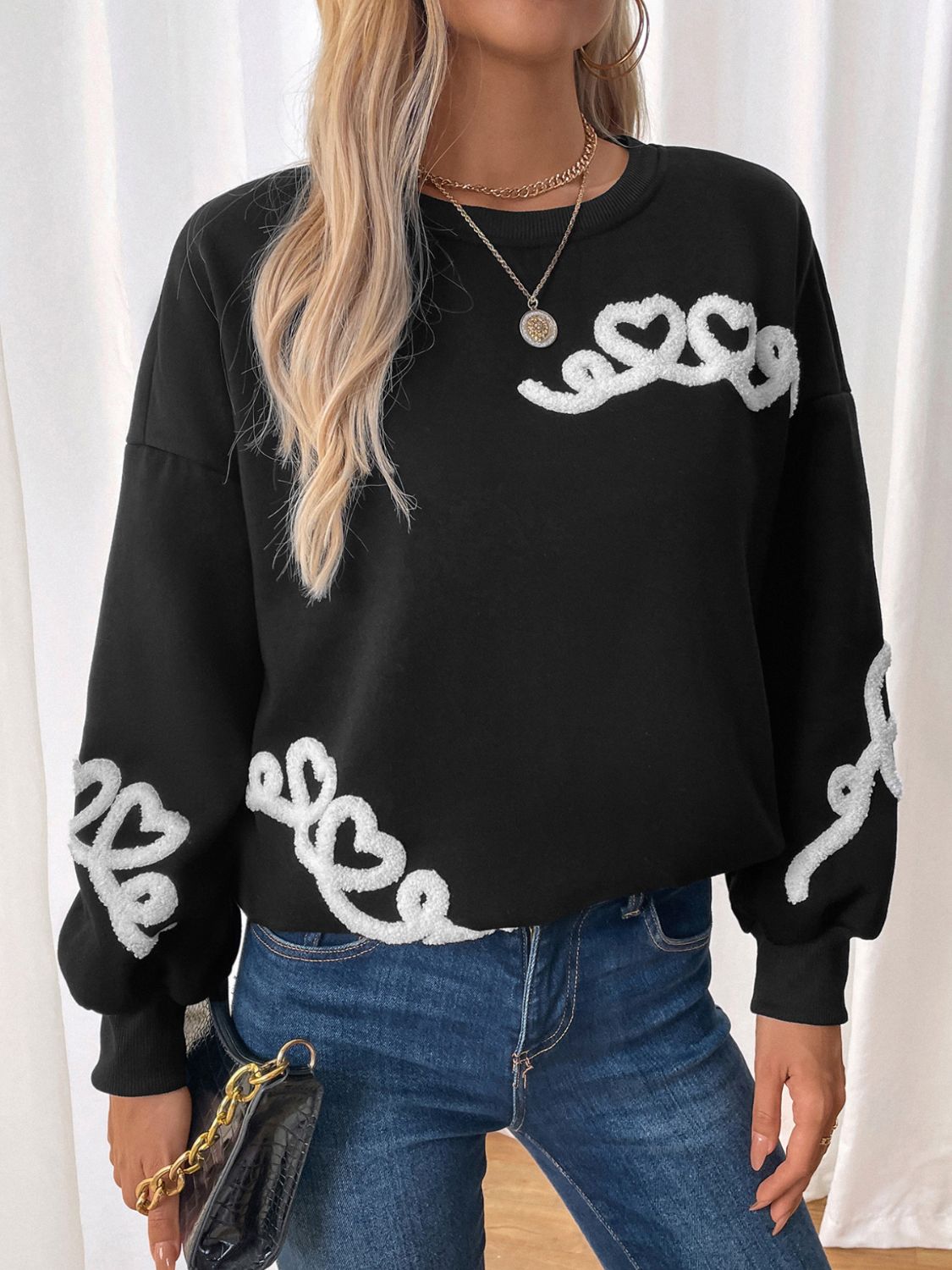 Perfee Heart Round Neck Long Sleeve Sweater  Shop One Place