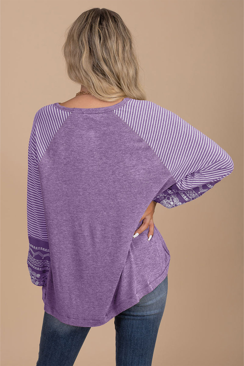 Contrast Print Striped Raglan Long Sleeve Loose Top  Shop One Place