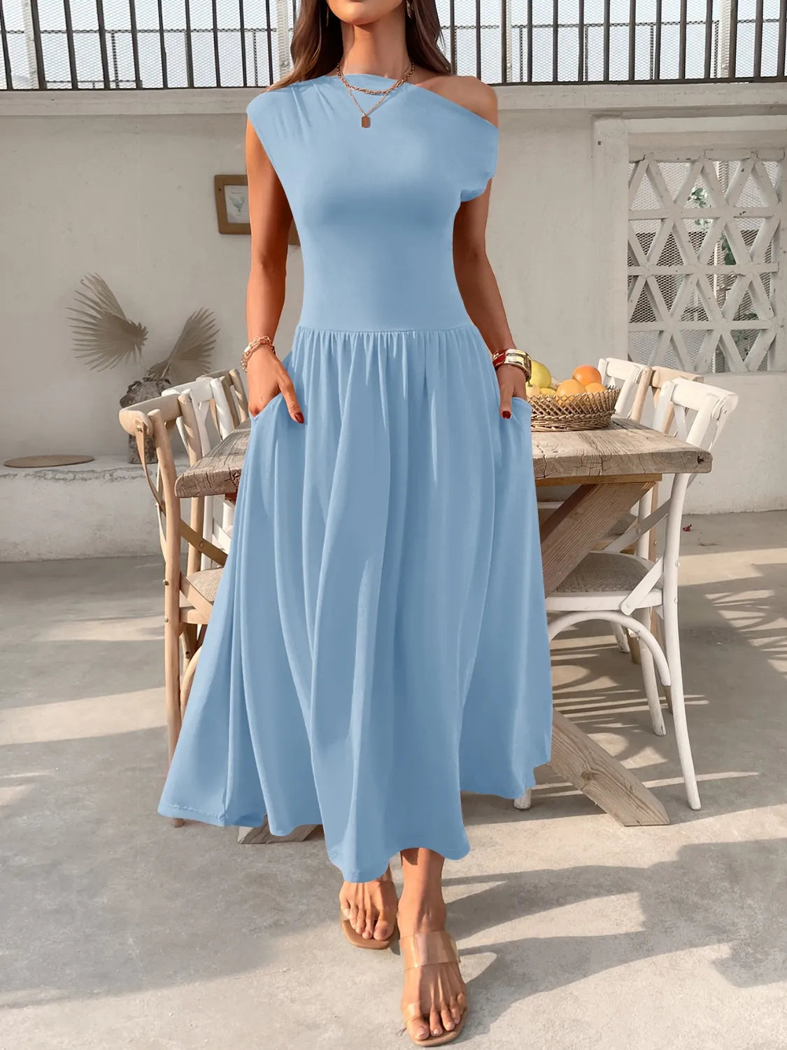 Single Shoulder Midi Dress with Pockets  Shop One Place