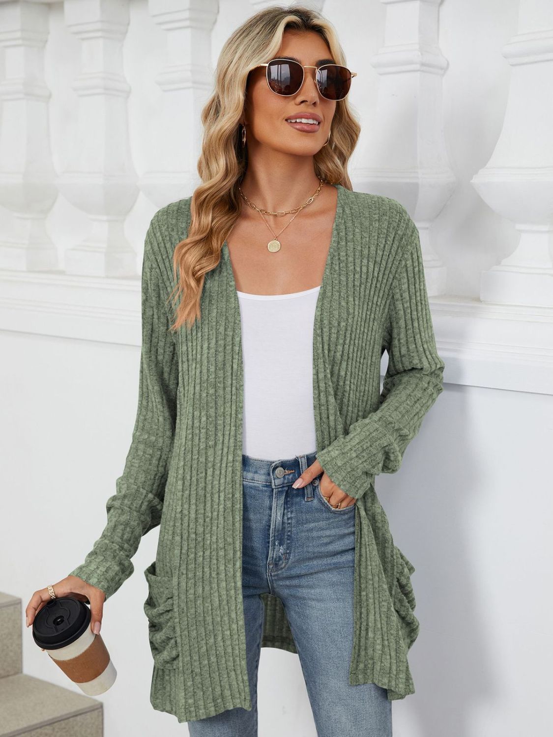 Pocketed Open Front Long Sleeve Cardigan  Shop One Place