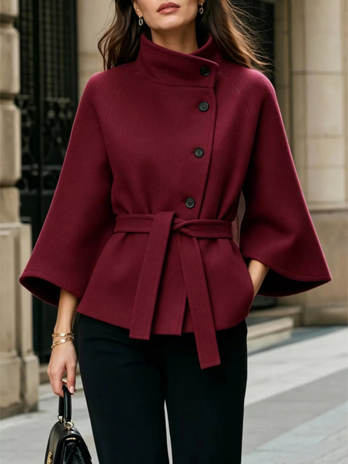 Button Down Cape Coat with Belted Waist  Shop One Place