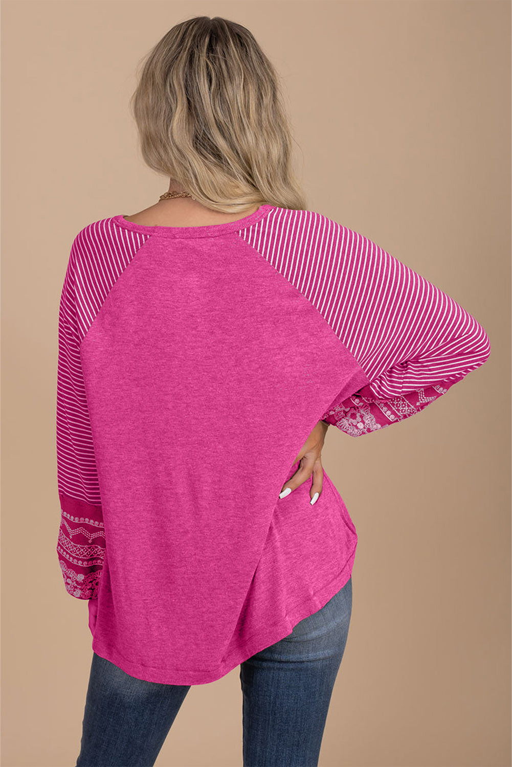 Contrast Print Striped Raglan Long Sleeve Loose Top  Shop One Place