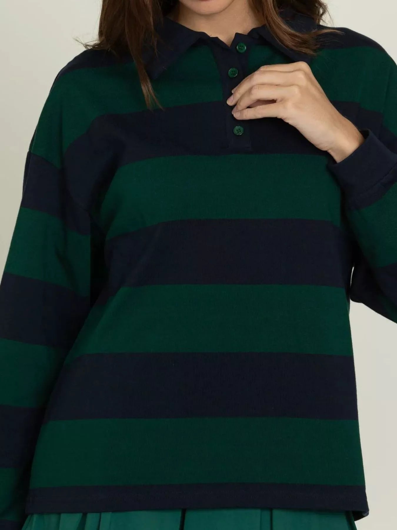 Striped Polo Collar Sweatshirt with Button Details  Shop One Place