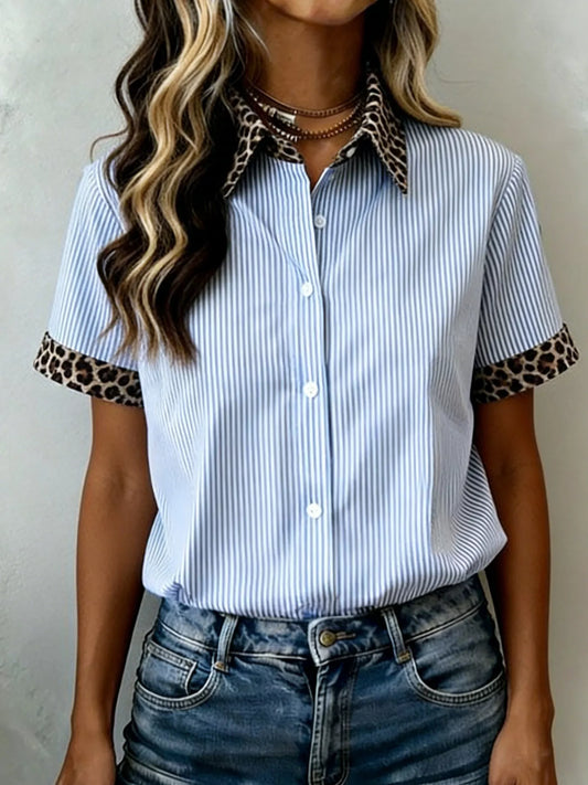 Stripe Leopard Contrast Collar Short Sleeve Shirt  Shop One Place