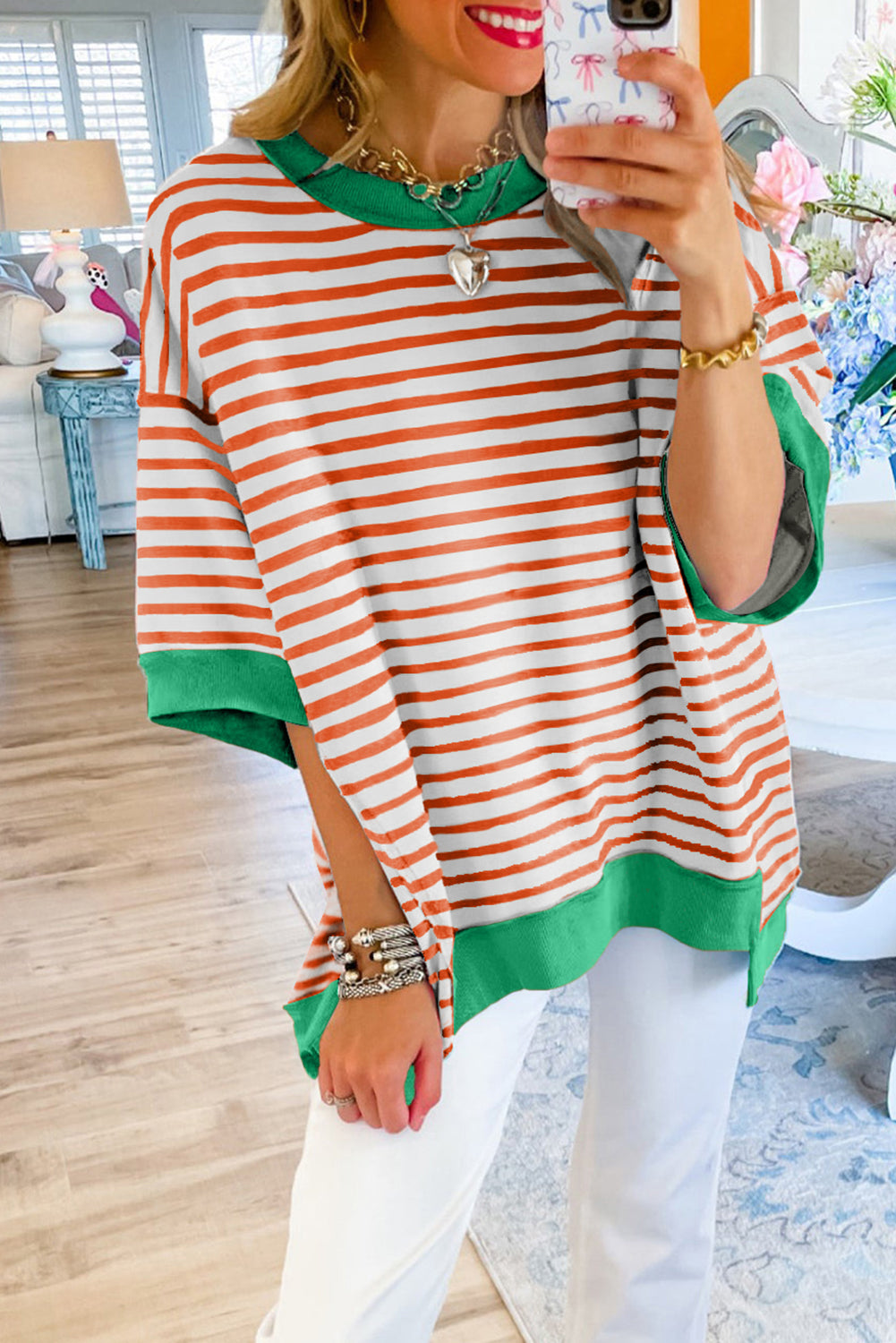 Stripe Colorblock Drop Sleeve Oversized T Shirt