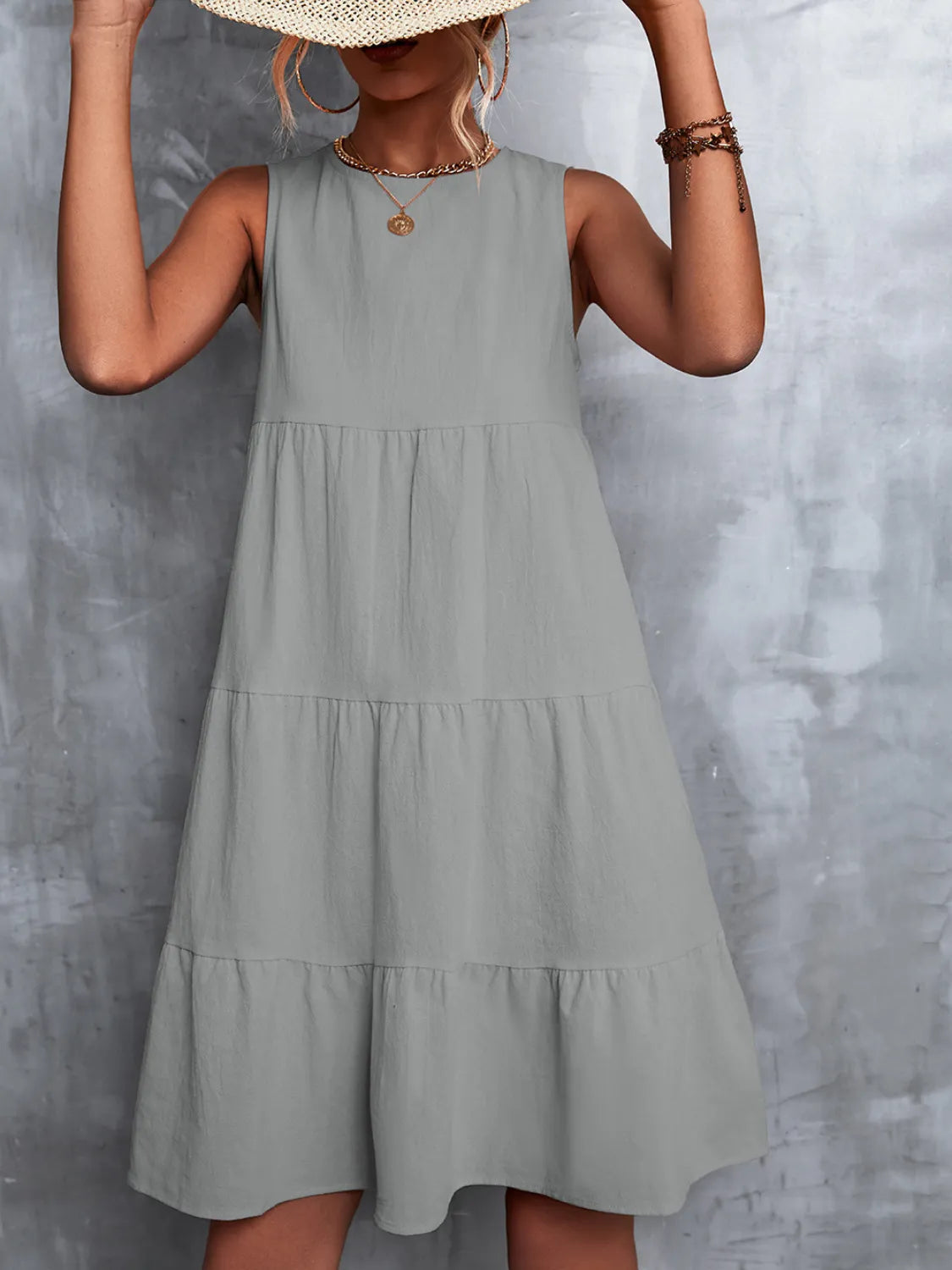Tiered Round Neck Sleeveless Mini Tank Dress  Shop One Place