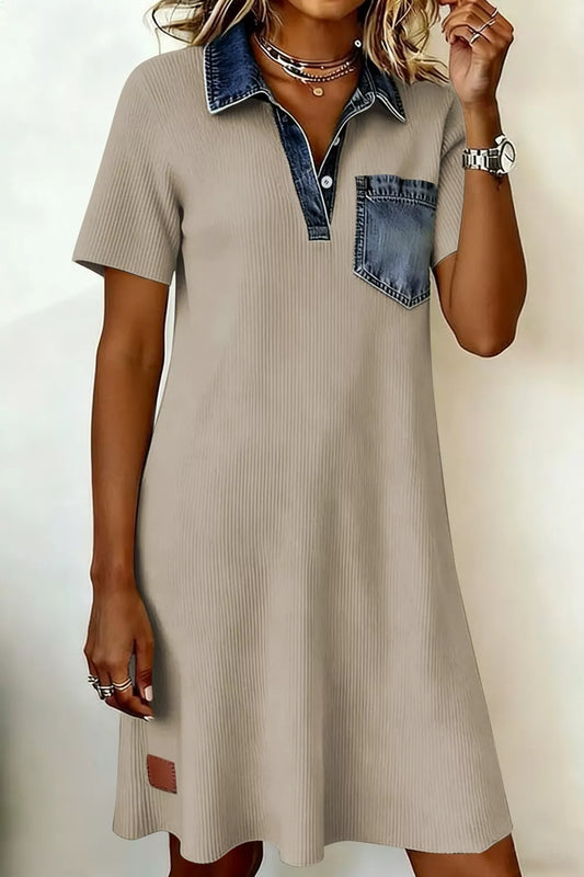 Casual Ribbed Knit Denim Trim Mini Dress  Shop One Place