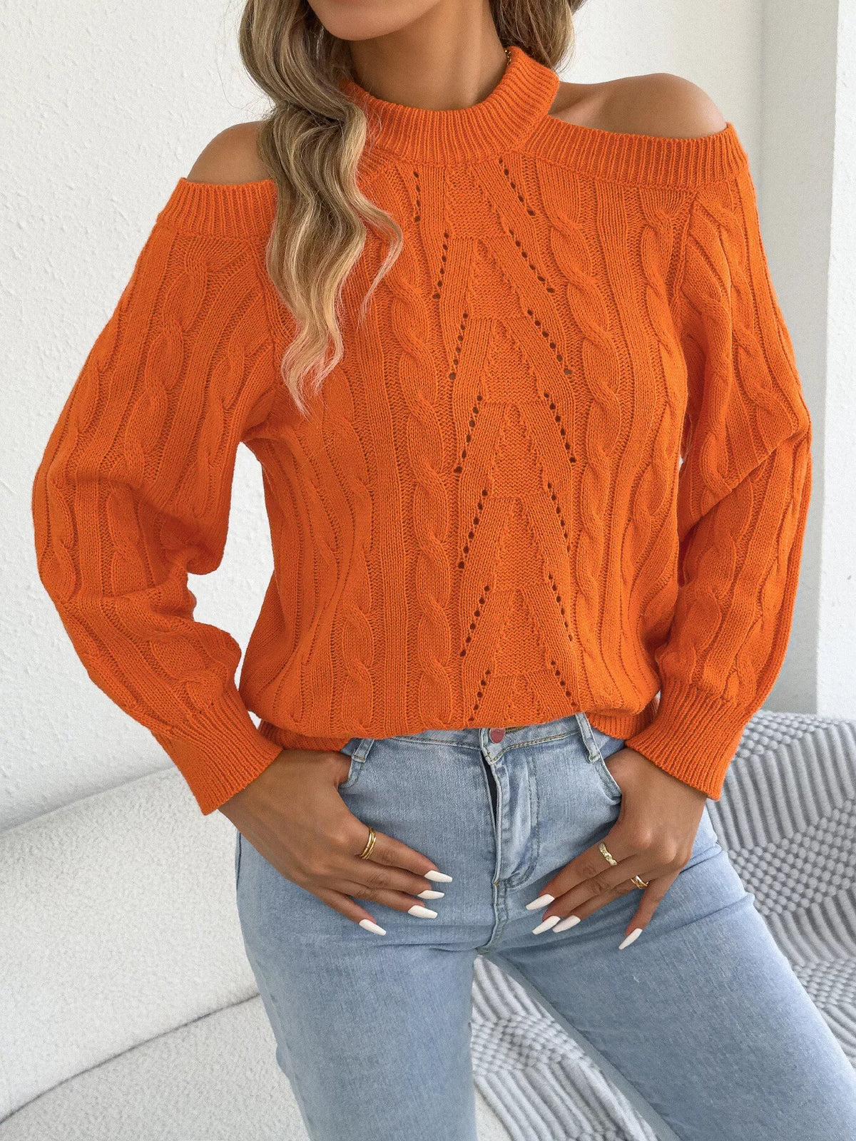 Women's Cold Shoulder Cable Knit Sweater – view 3