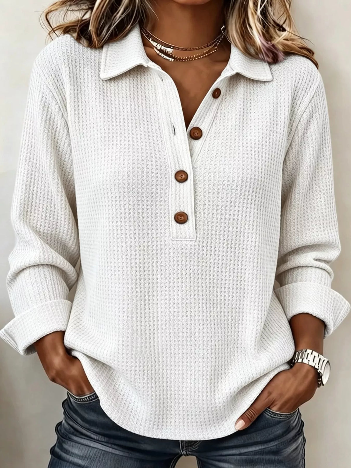 Women's Waffle Knit Long Sleeve Polo Top – view 20