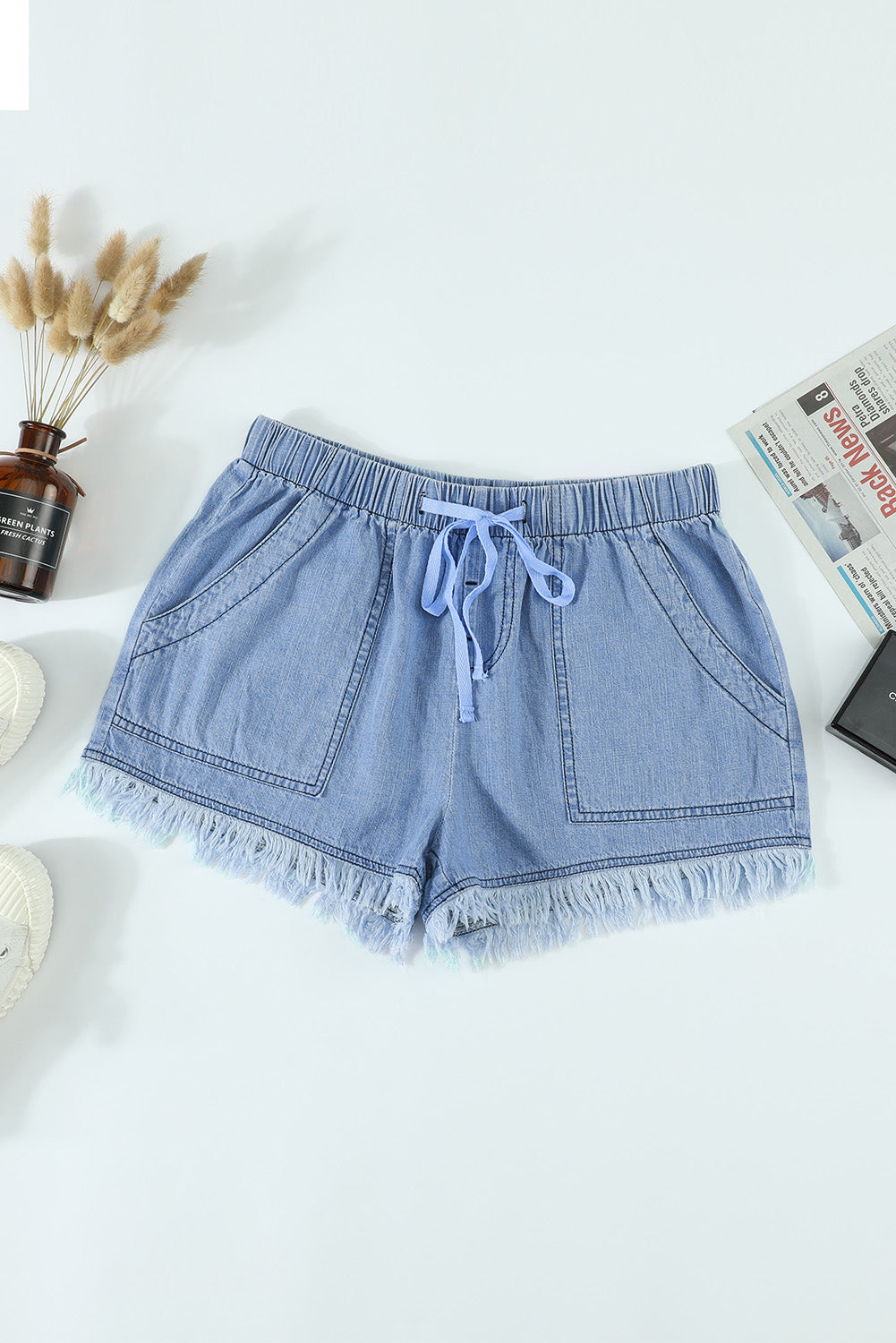 Dark Blue Casual  Frayed Pocketed Denim Shorts