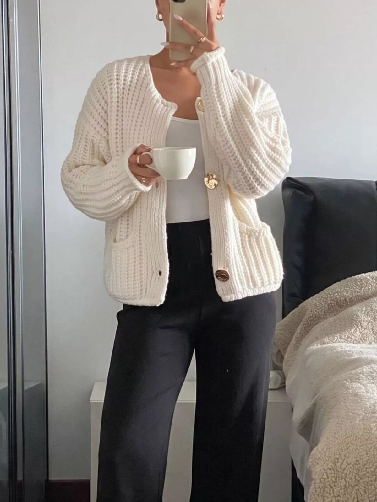 Ribbed Knit Cardigan with Gold-Tone Buttons  Shop One Place
