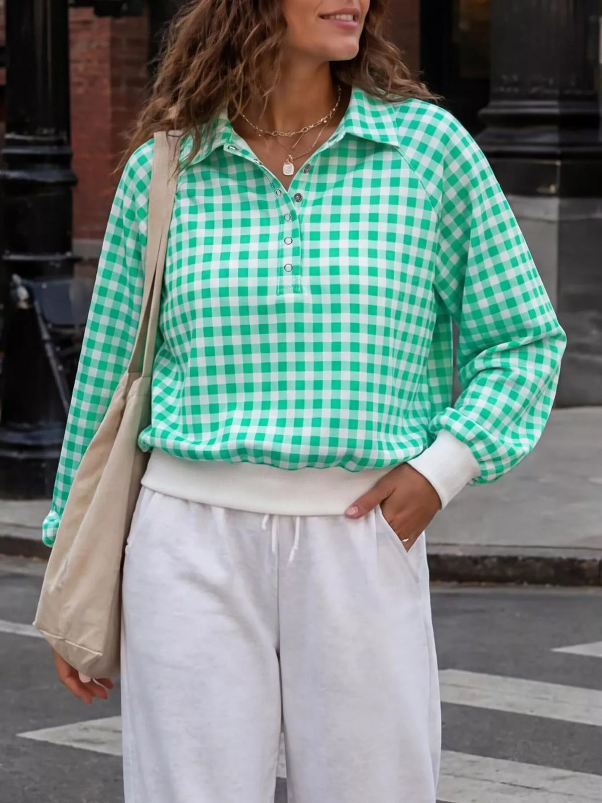 Women's Gingham Plaid Collared Sweatshirt – view 12