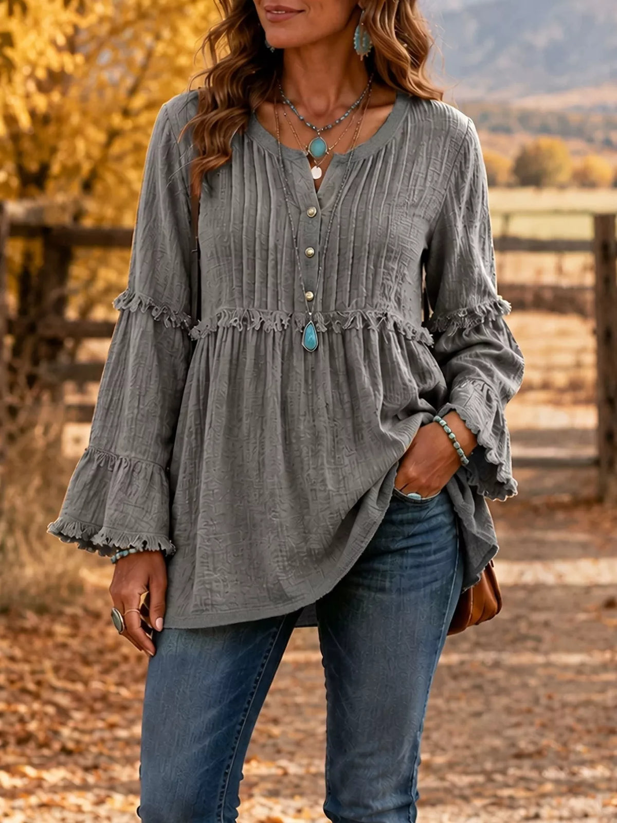 Women's Fringe Trim Ruffle Sleeve Blouse – view 8