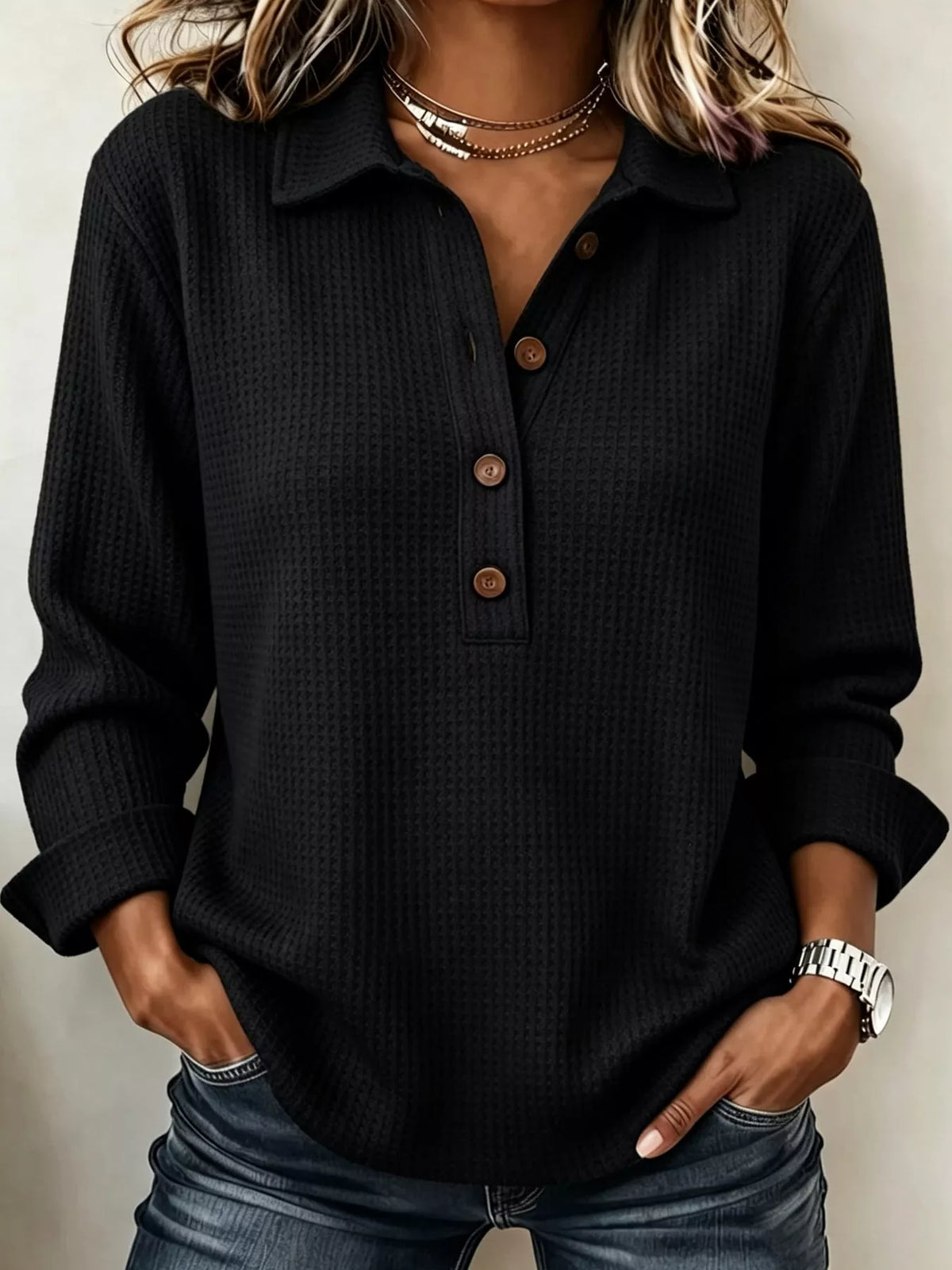 Women's Waffle Knit Long Sleeve Polo Top – view 16
