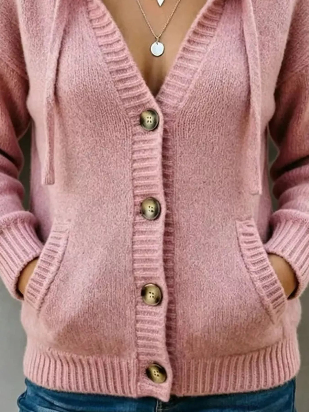 Hooded Button-Down Knit Cardigan with Pockets  Shop One Place
