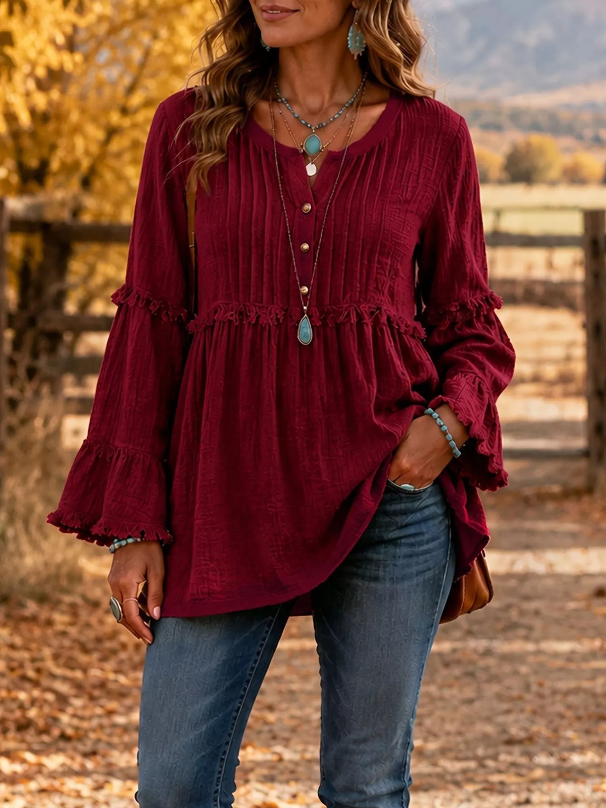 Women's Fringe Trim Ruffle Sleeve Blouse – view 6