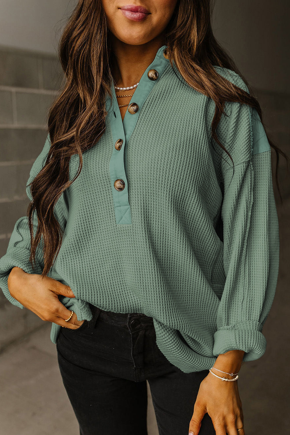 Jet Stream Waffle Patchwork Long Sleeve Henley Top  Shop One Place