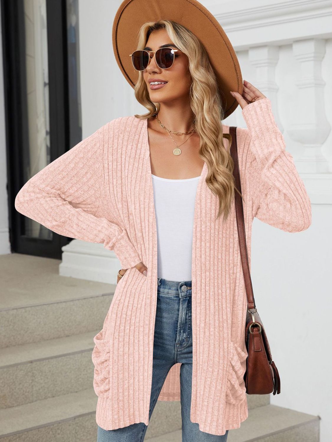 Pocketed Open Front Long Sleeve Cardigan  Shop One Place