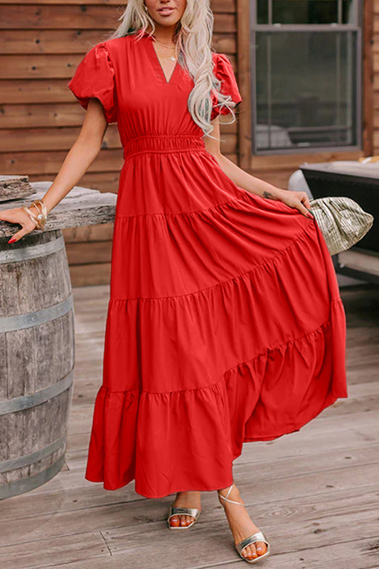 Coral Solid Color V Neck Short Puff Sleeve High Waist Tiered Maxi Dress  Shop One Place