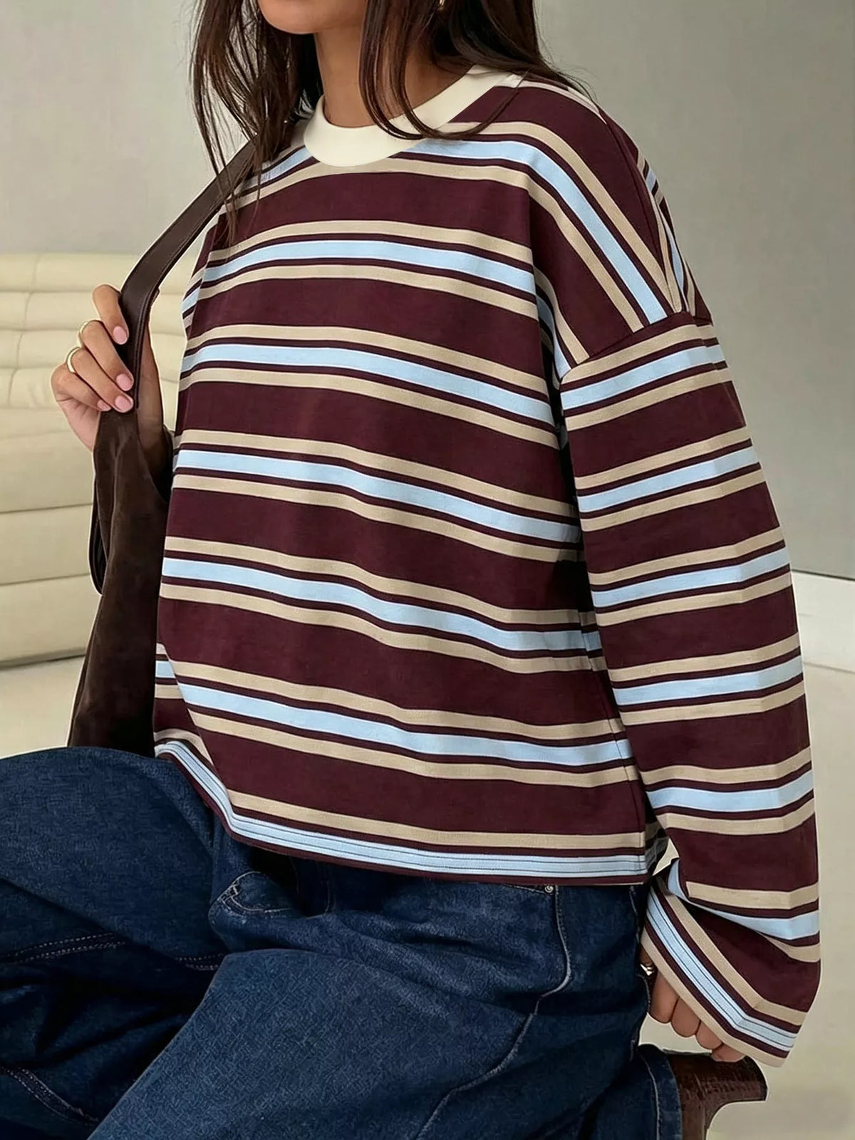 Full Size Casual Long-Sleeve Striped Crew Neck T-Shirt Plus Size  Shop One Place