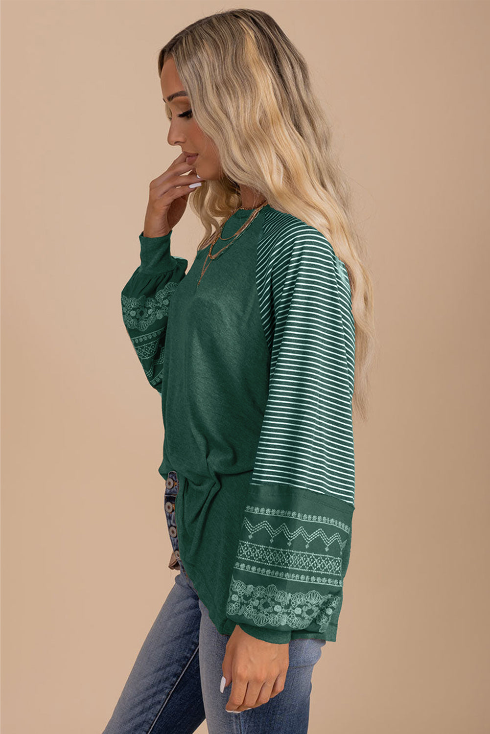 Contrast Print Striped Raglan Long Sleeve Loose Top  Shop One Place