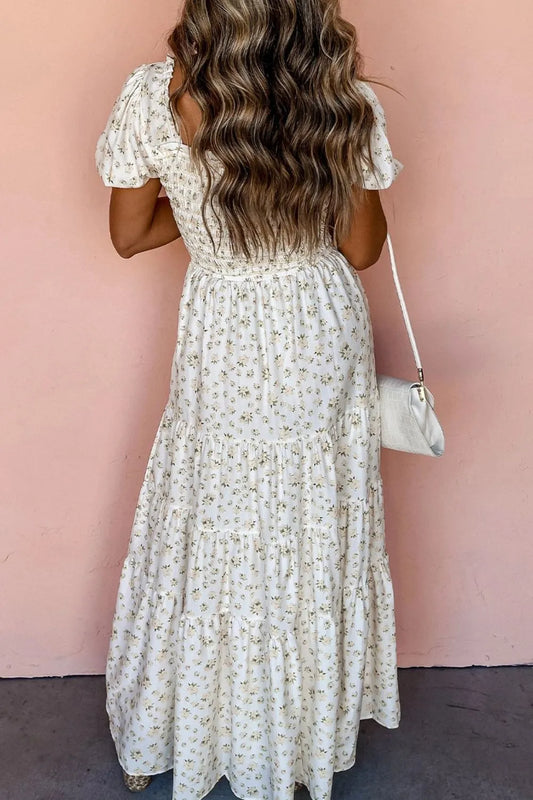 Floral Smocked Short Puff Sleeve Maxi Dress  Shop One Place