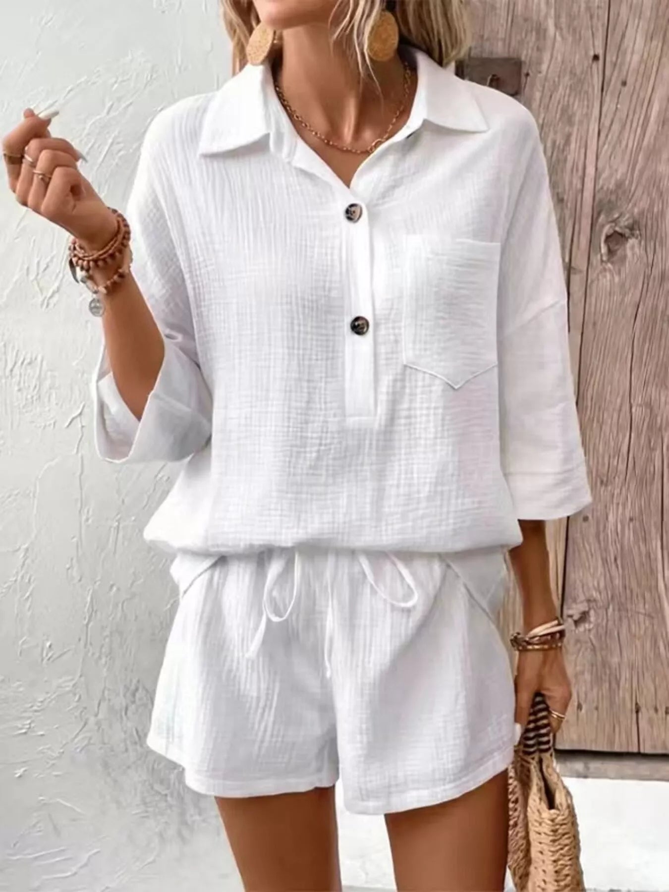 Button Detail Top and Shorts Set  Shop One Place