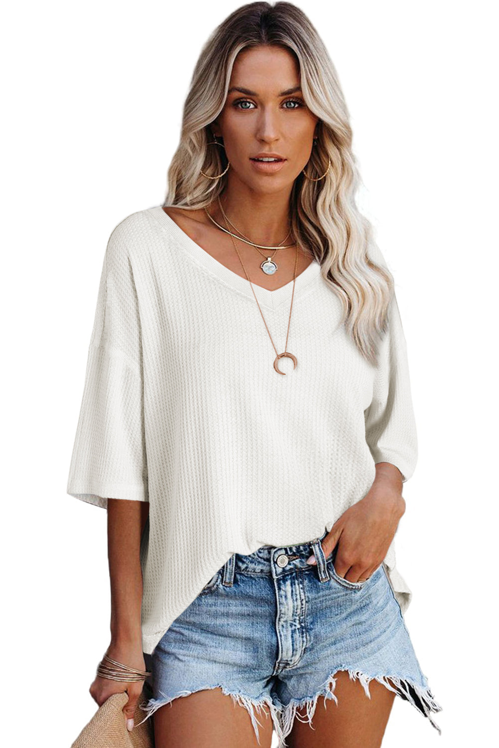 Black Waffle Texture V Neck Drop Shoulder Loose Tee  Shop One Place