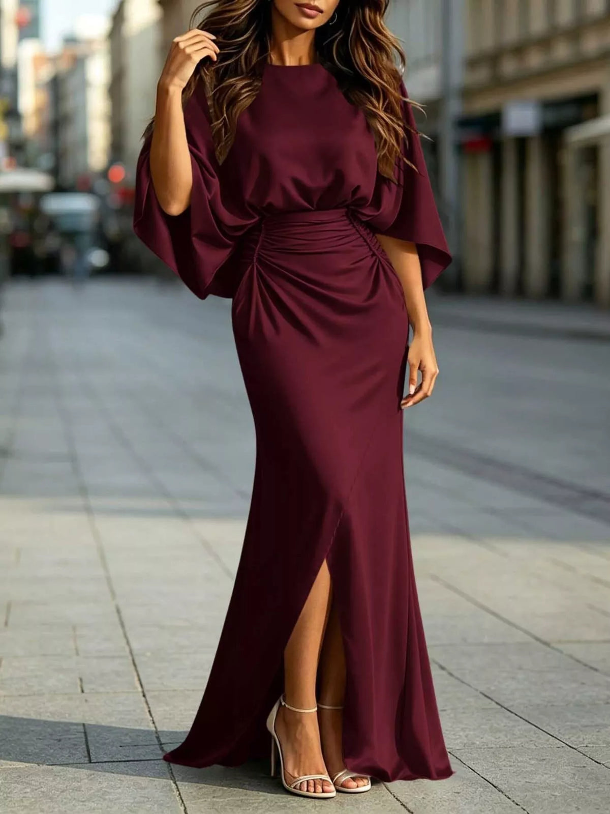 Ruched Waist Maxi Dress with Pockets in Multicolor