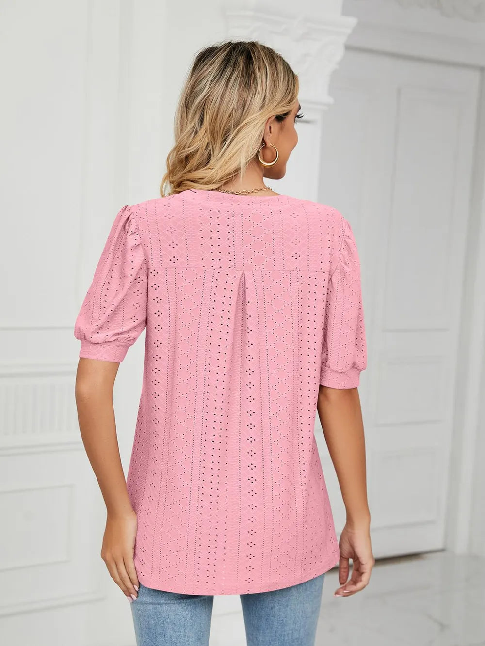 Florira Eyelet Notched Short Sleeve T-Shirt  Shop One Place