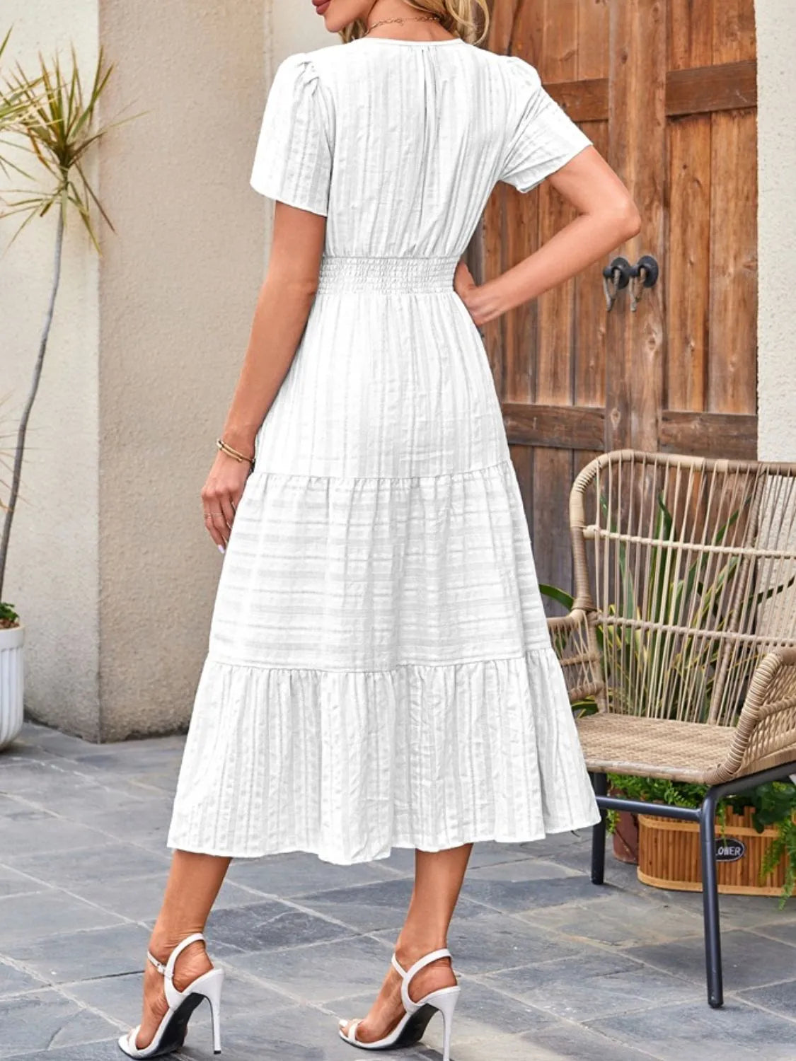 Tiered Notched Short Sleeve Dress  Shop One Place