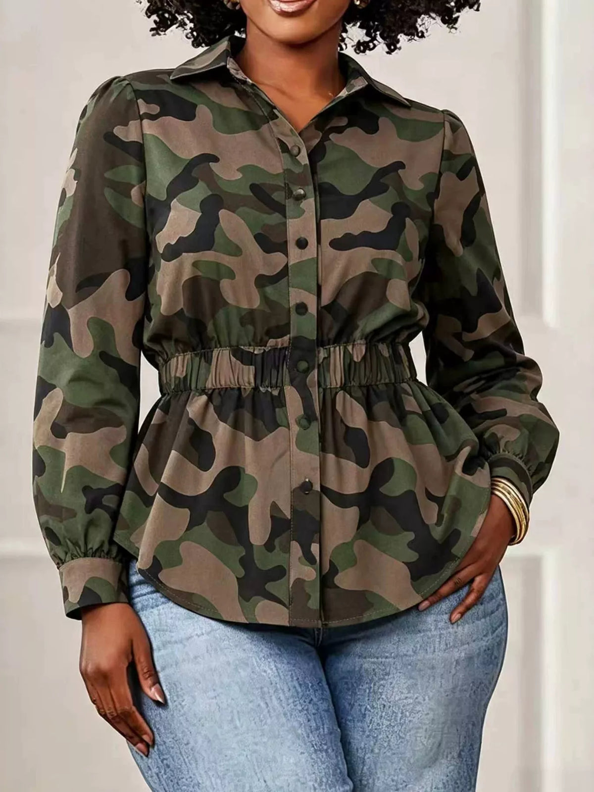Camouflage Button Front Long Sleeve Blouse  Shop One Place