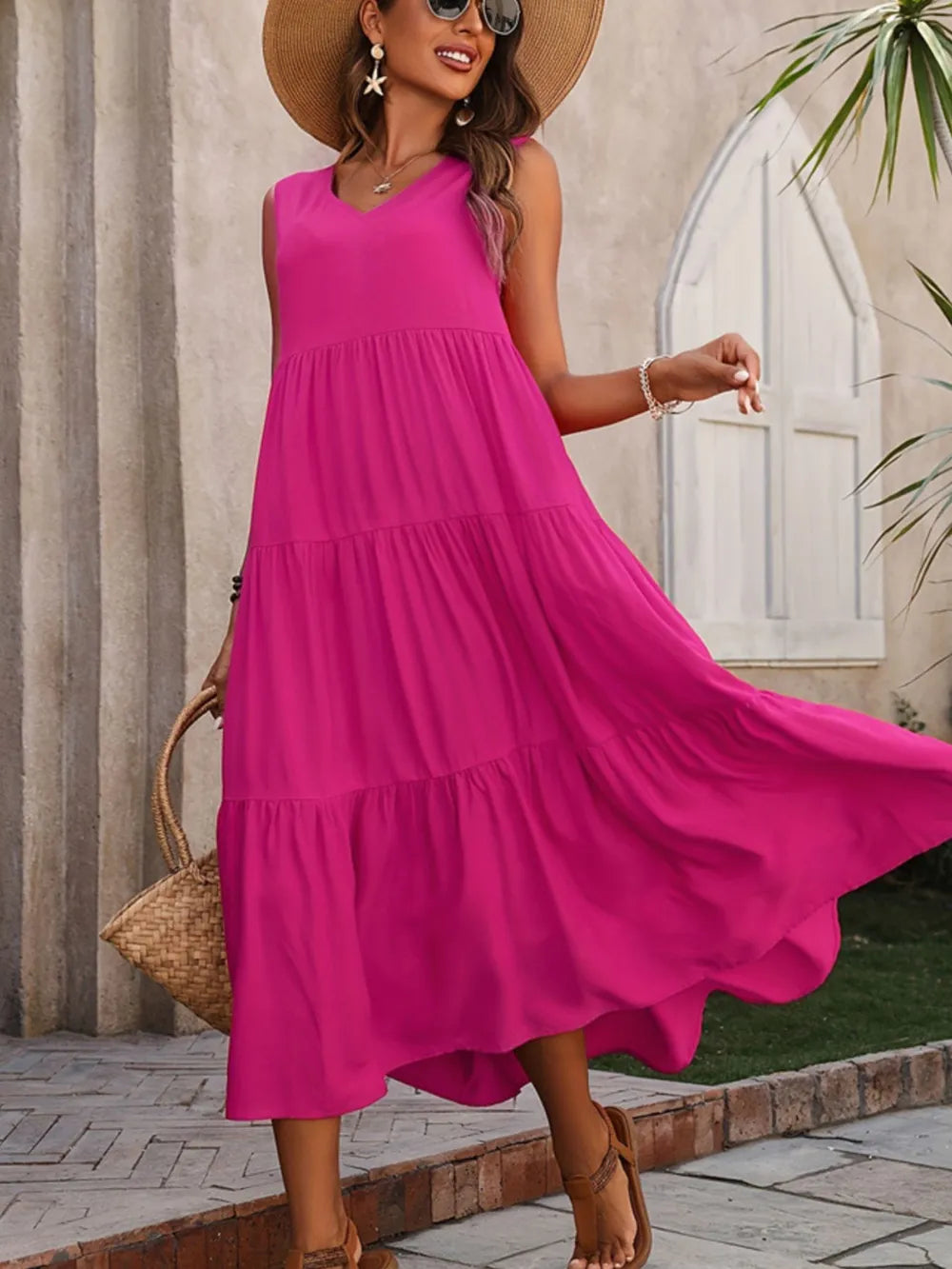 Tiered V-Neck Sleeveless Dress  Shop One Place