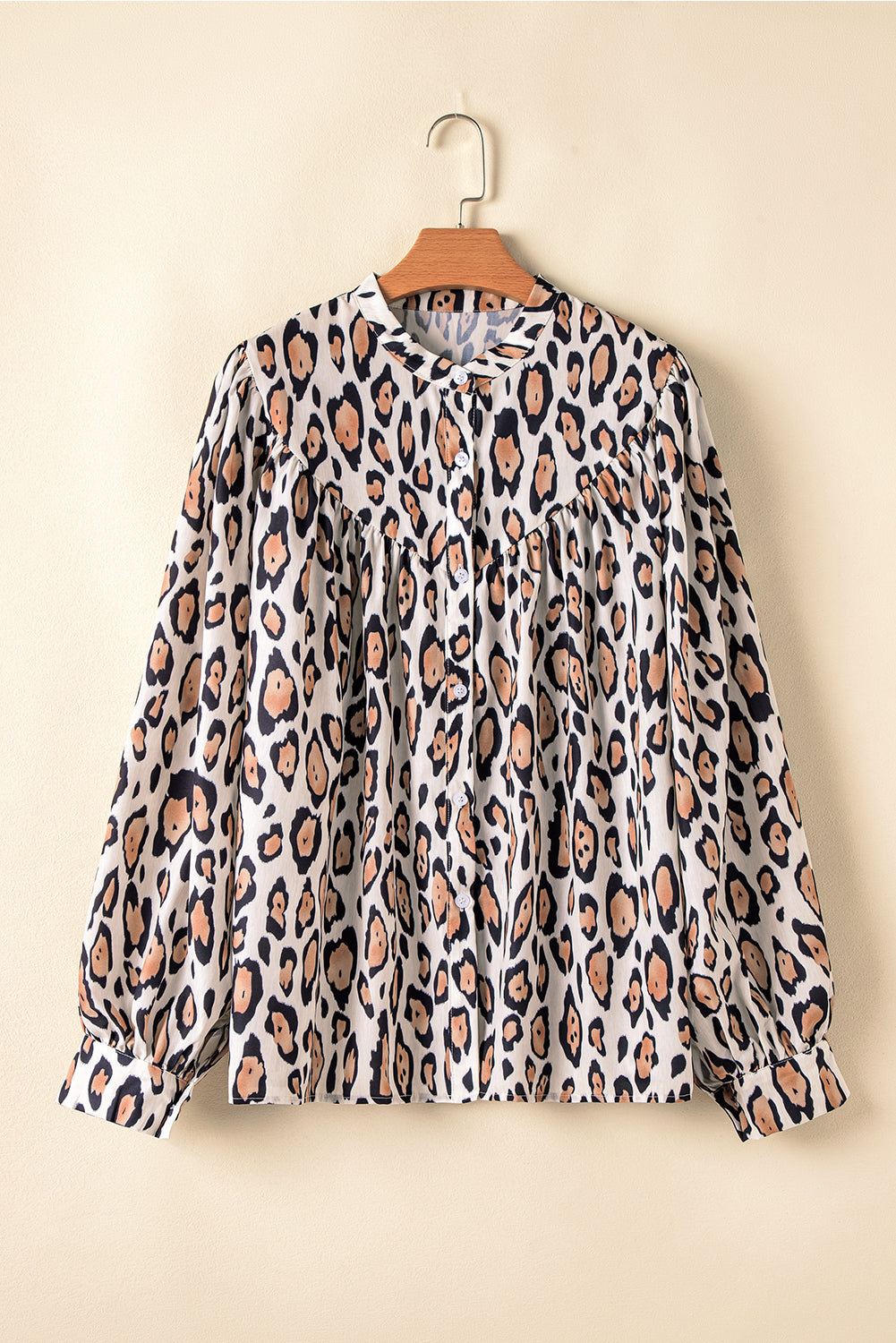 Light French Beige Leopard Print Balloon Sleeve Loose Blouse  Shop One Place