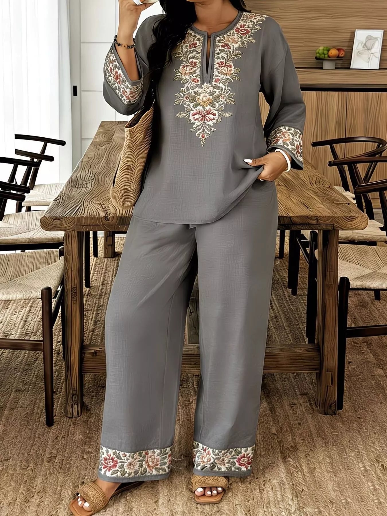 Full Size Embroidered Long Sleeve Top and Pants Set Plus Size  Shop One Place