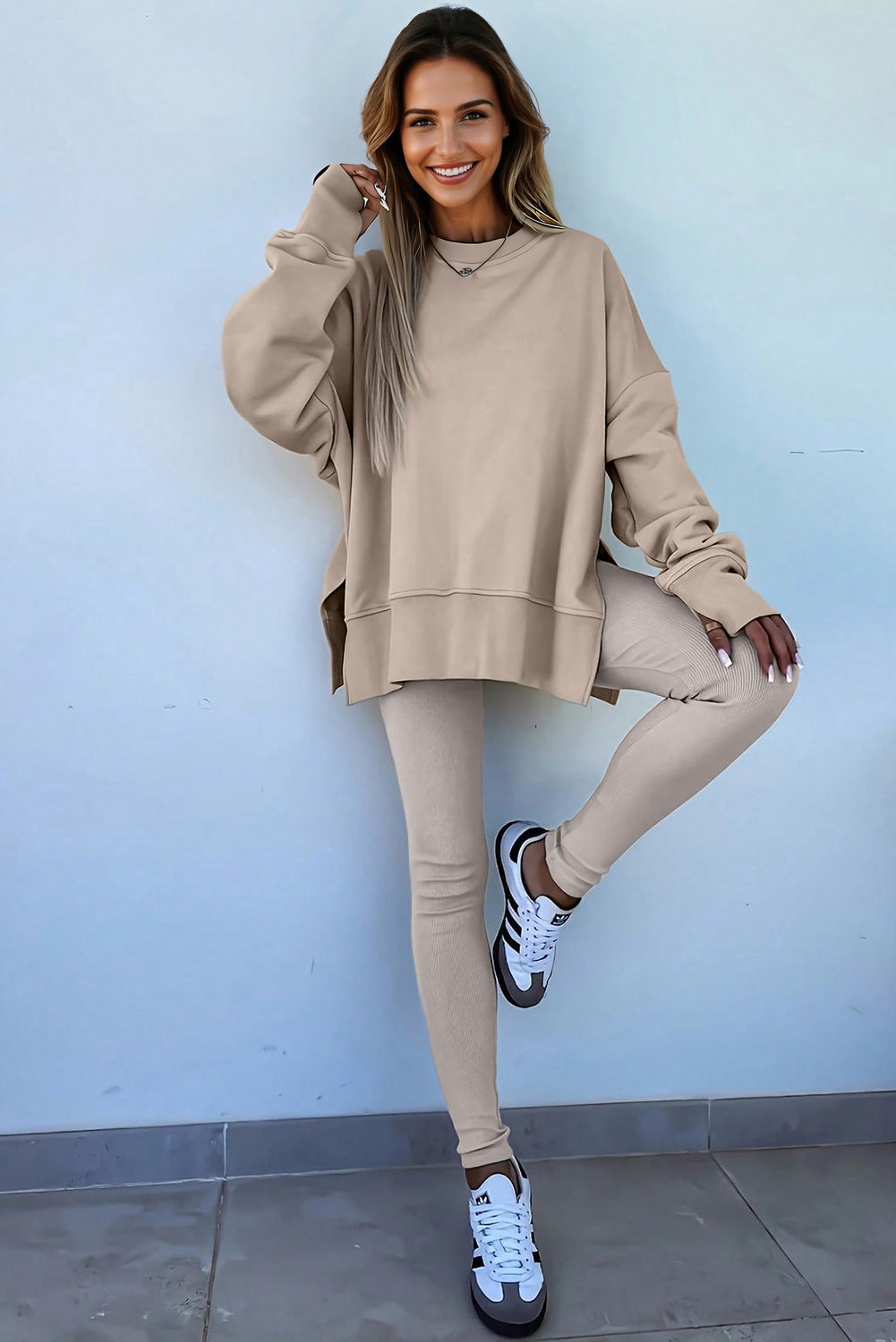Green Bay Solid Color Oversize Slit Sweatshirt Ribbed Leggings Set  Shop One Place