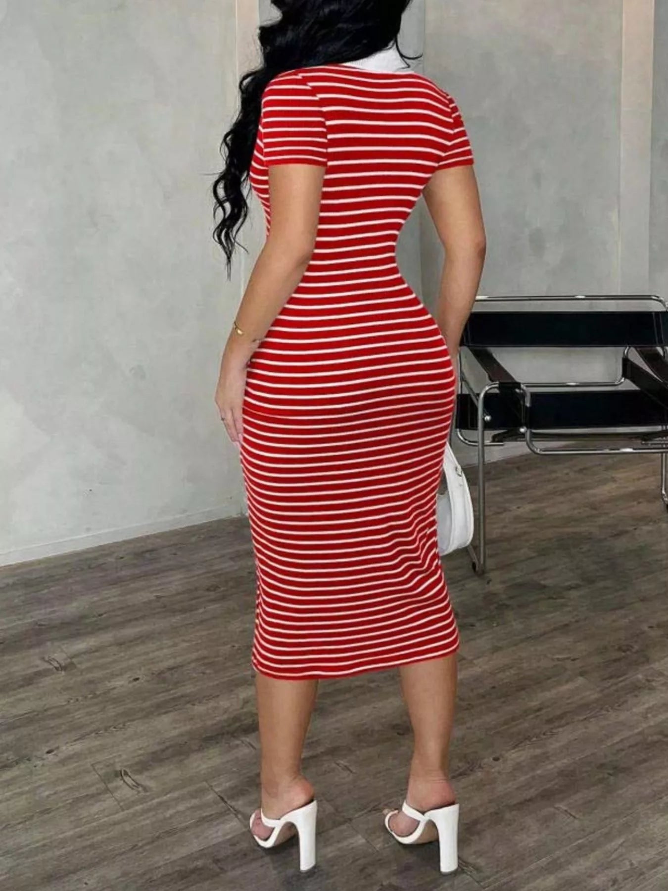 Striped Polo Collar Midi Dress  Shop One Place