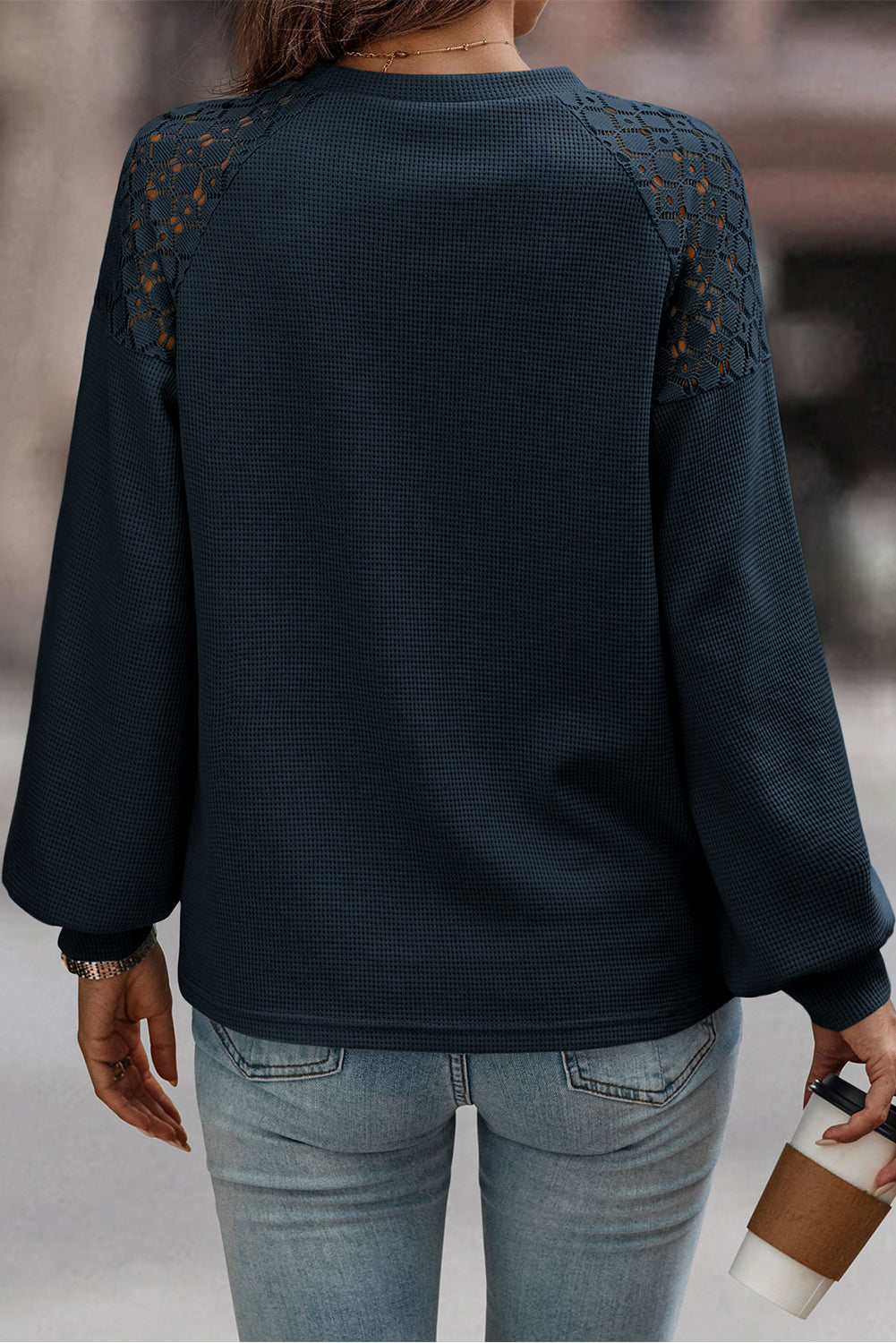 Real Teal Lace Patchwork Long Sleeve Textured Pullover  Shop One Place