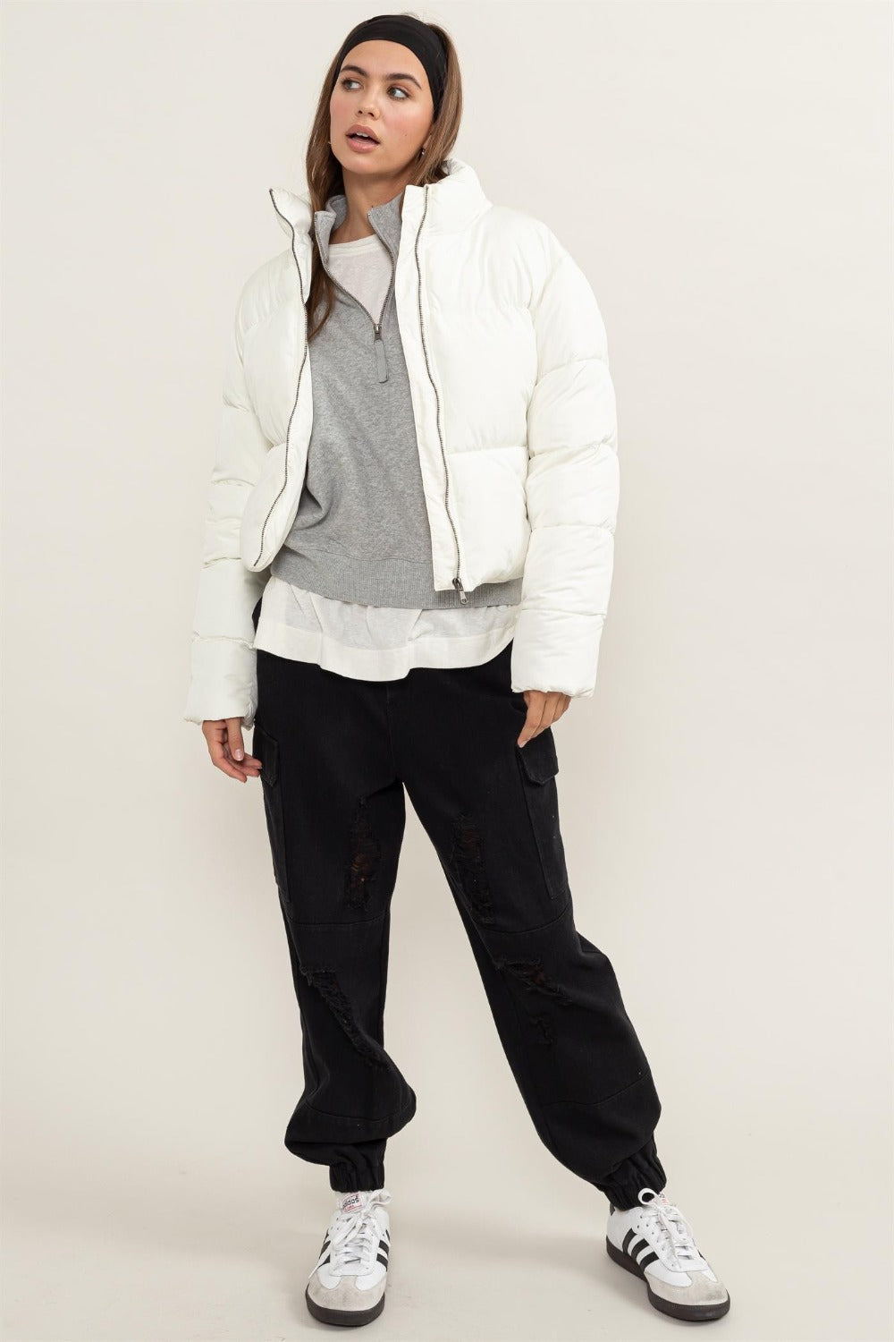 HYFVE Cream Quilted Back Drawstring Puffer Jacket