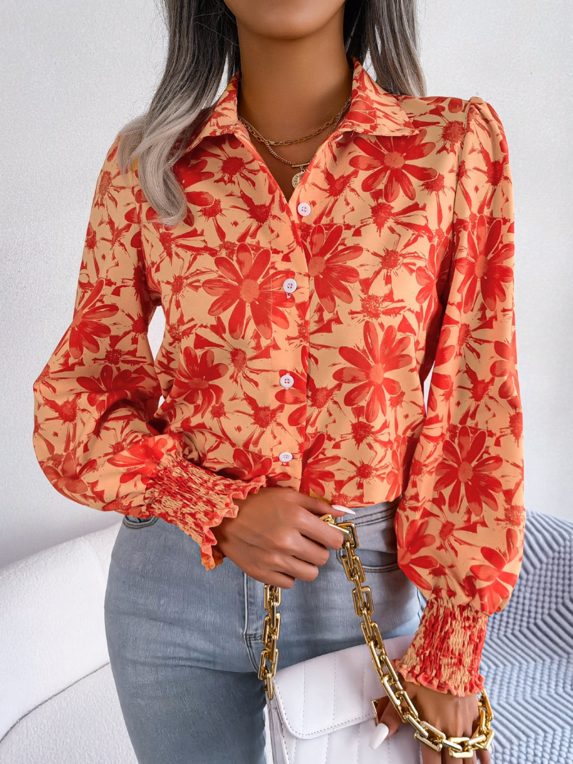 Floral Collared Neck Long Sleeve Shirt