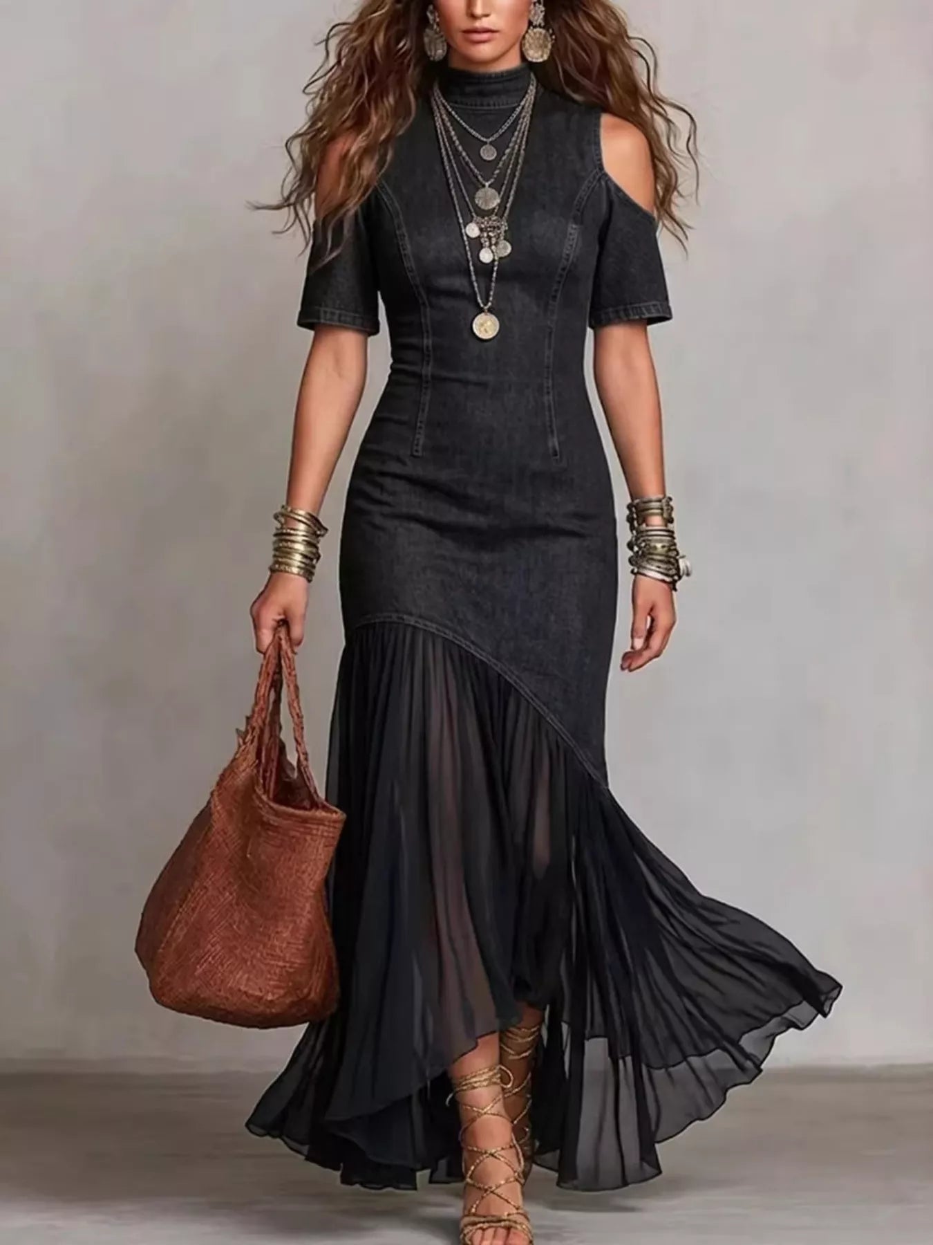 Cold Shoulder Ruffle Hem Maxi Dress  Shop One Place