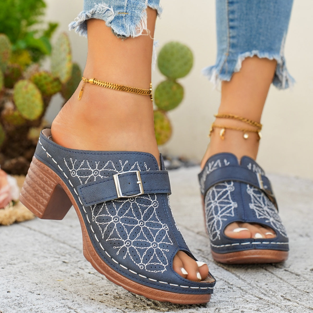 Buckle Decor Block Heel Sandals  Shop One Place
