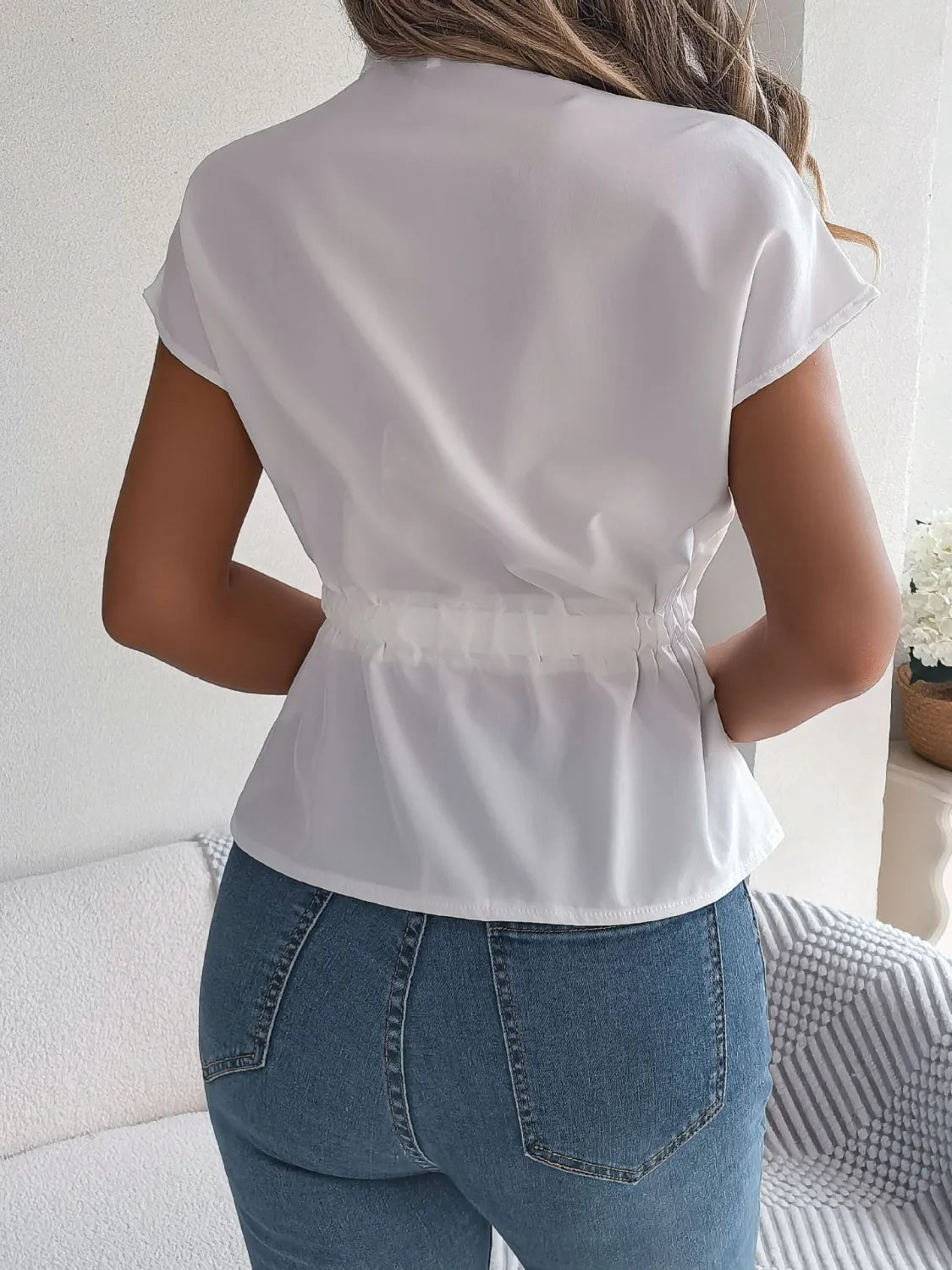 Notched Short Sleeve Blouse  Shop One Place
