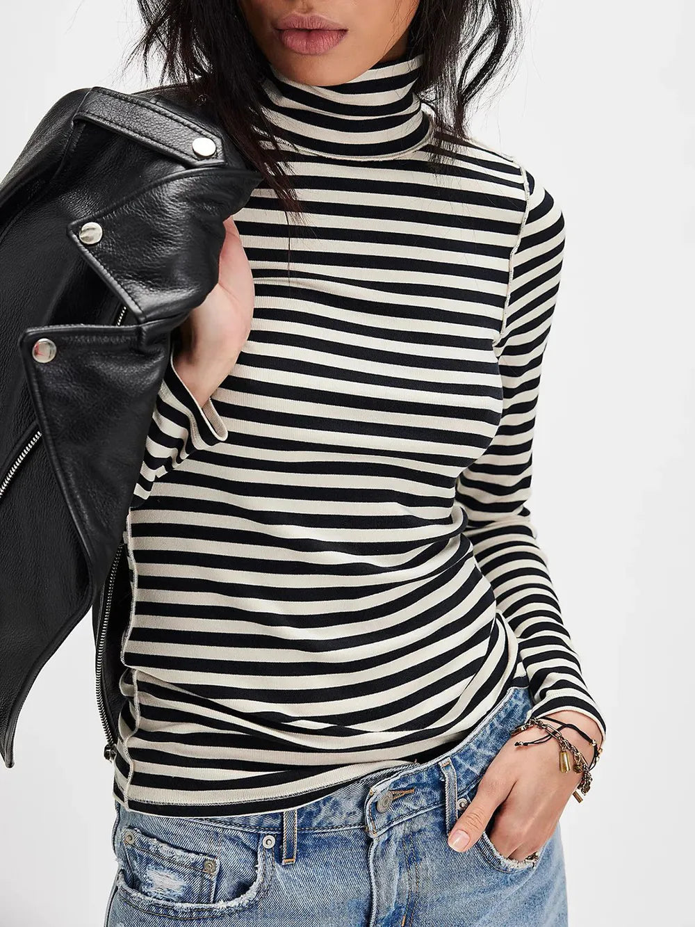 Exposed Seam Striped Turtleneck Long Sleeve T-Shirt  Shop One Place